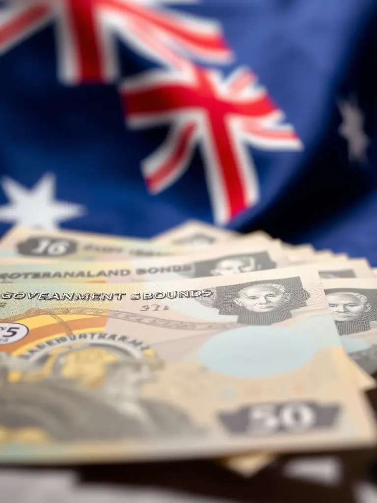 A close-up shot of Australian government bonds, emphasizing their security features and official markings, set against a backdrop of the Australian flag.